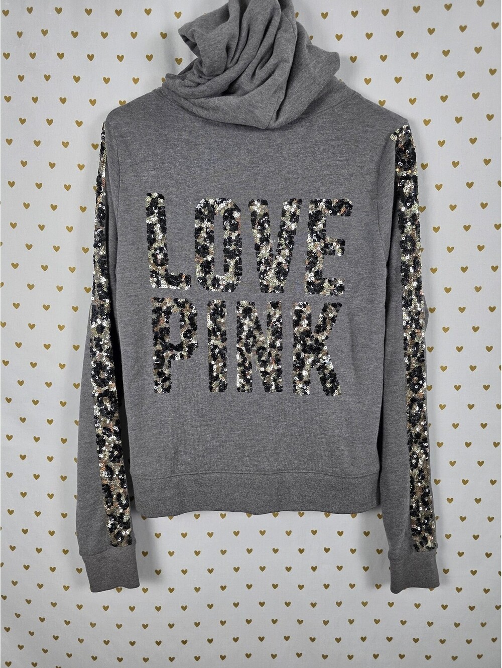PINK Victoria's Secret Sequin Leopard Sleeve Zip Hoodie LOVE PINK Gray Small